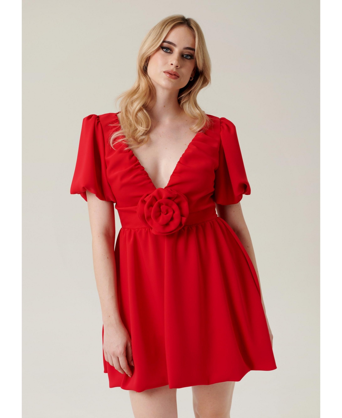 Women's Puffed Sleeve Mini Cocktail Dress with Rose Detail - Red