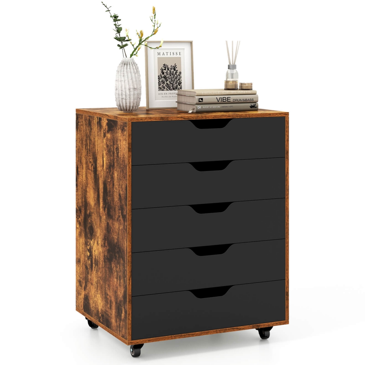 5 Drawer Chest Storage Dresser Floor Cabinet Organizer with Wheels - Brown