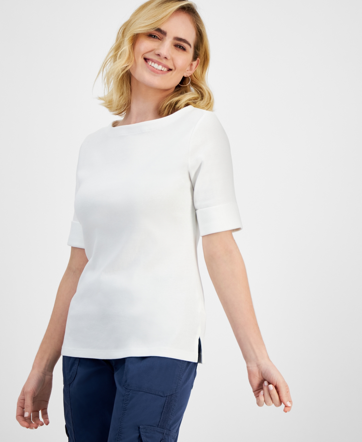 Style & Co Petite Cotton Elbow-sleeve Boat-neck Top, Created For Macy's In Bright White