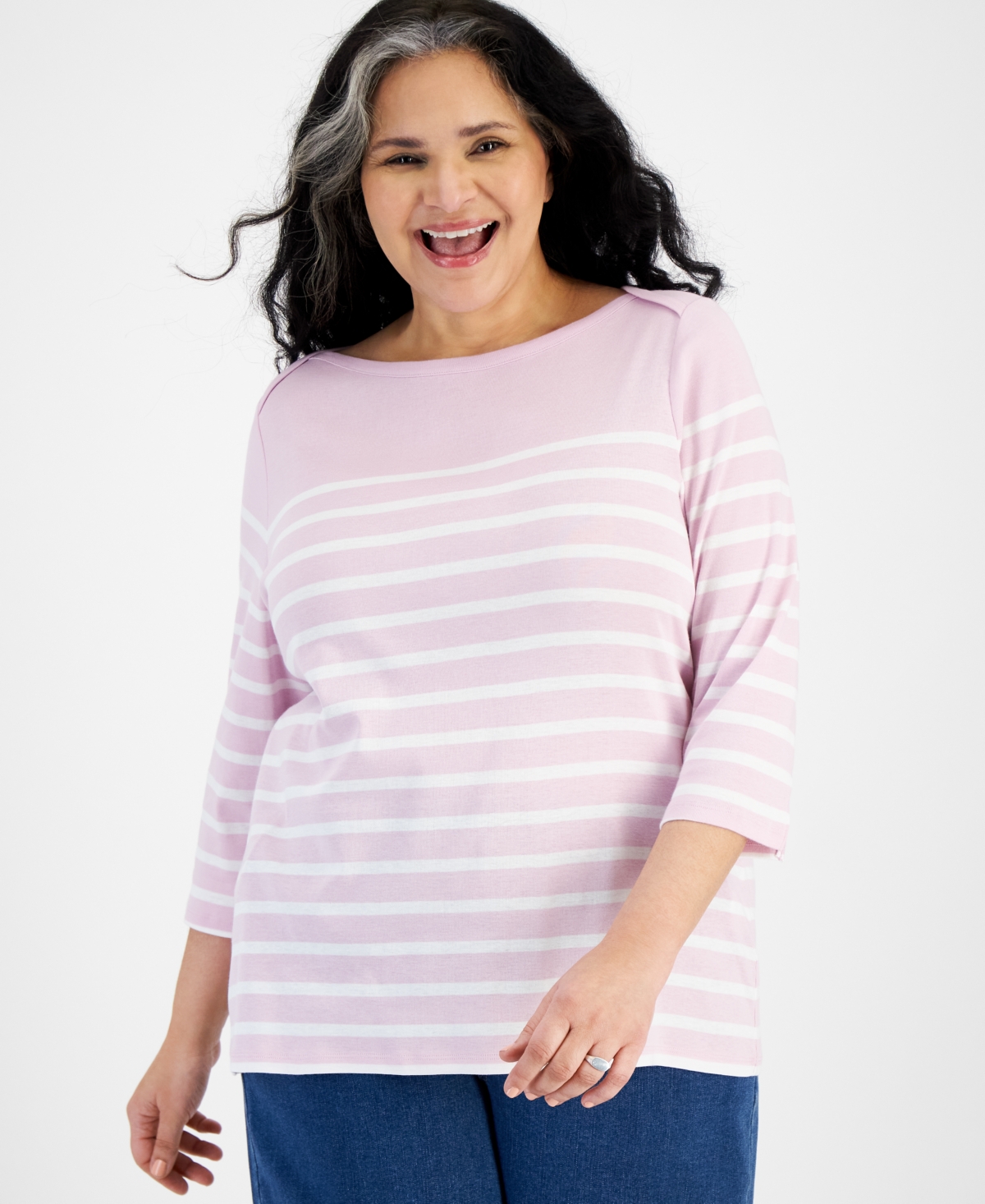 Shop Style & Co Plus Size Printed Pima Cotton 3/4-sleeve Top, Created For Macy's In Nautical Lily Flower
