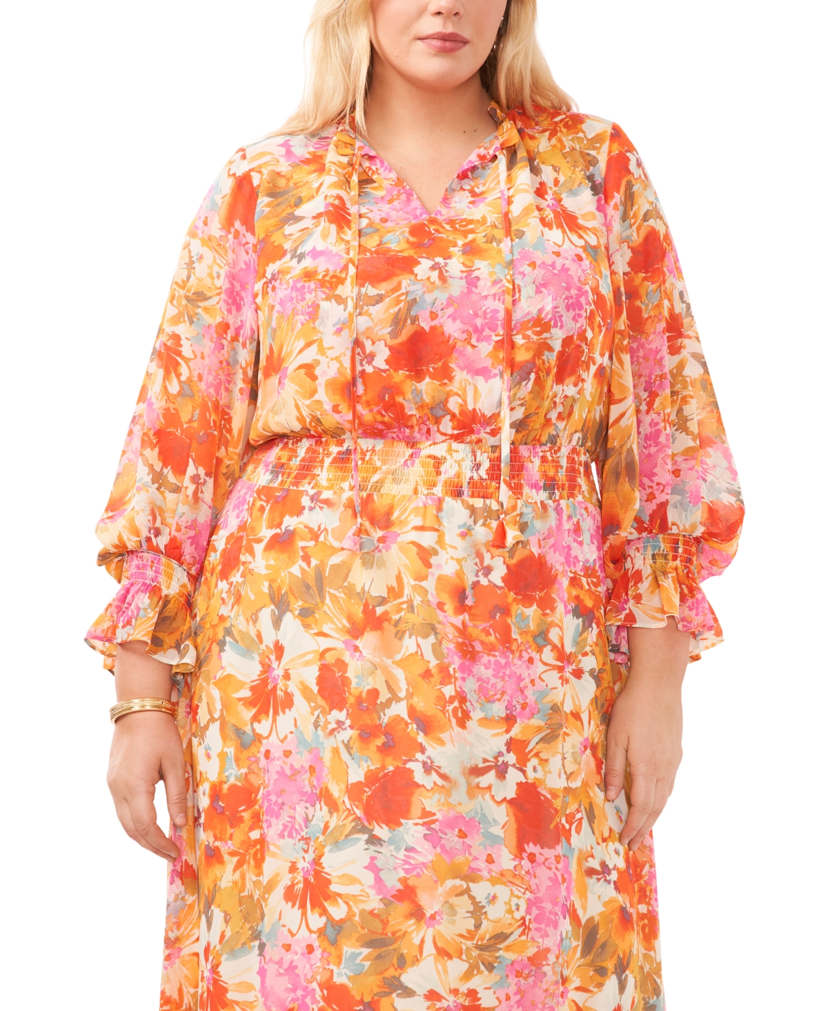Shop Vince Camuto Plus Size Long-sleeve Floral-print Maxi Dress In Tulip Red