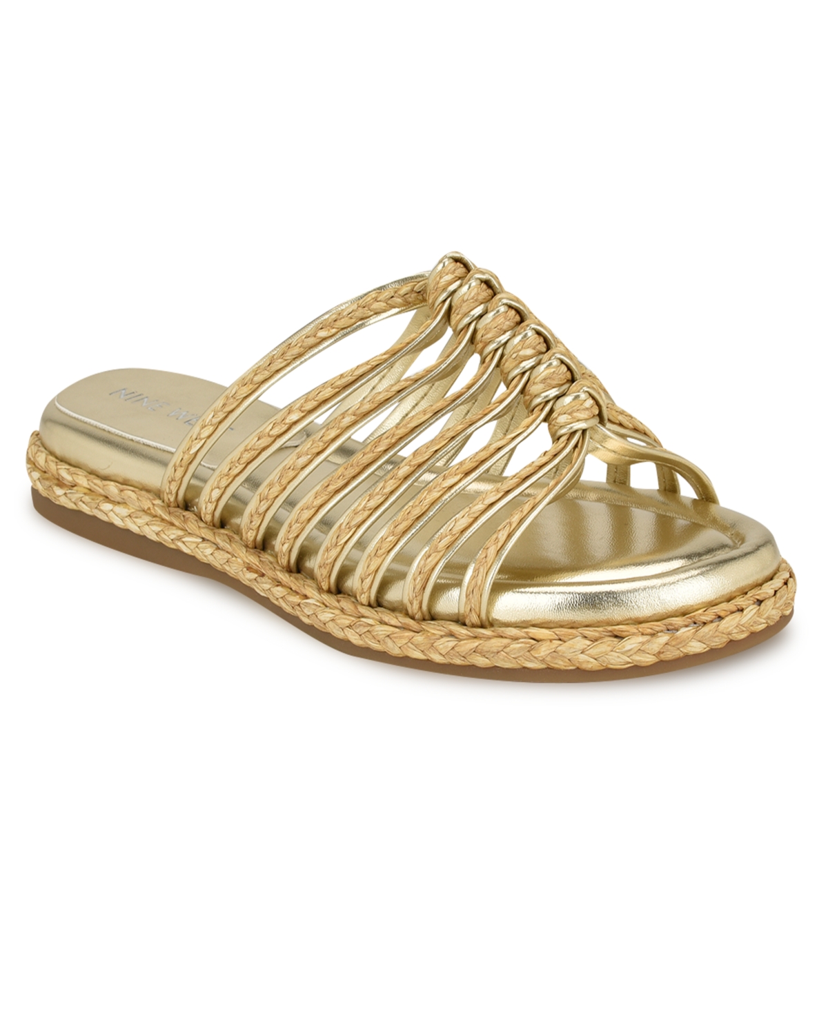 Shop Nine West Women's Adila Slip-on Strappy Flat Casual Sandals In Light Natural,gold