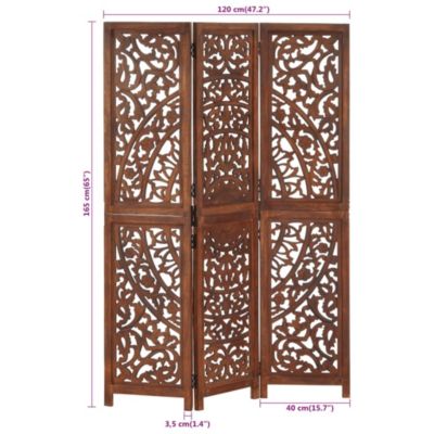 47.2"x65" 3-Panel MDF and Solid Mango Wood Hand Carved Room Divider