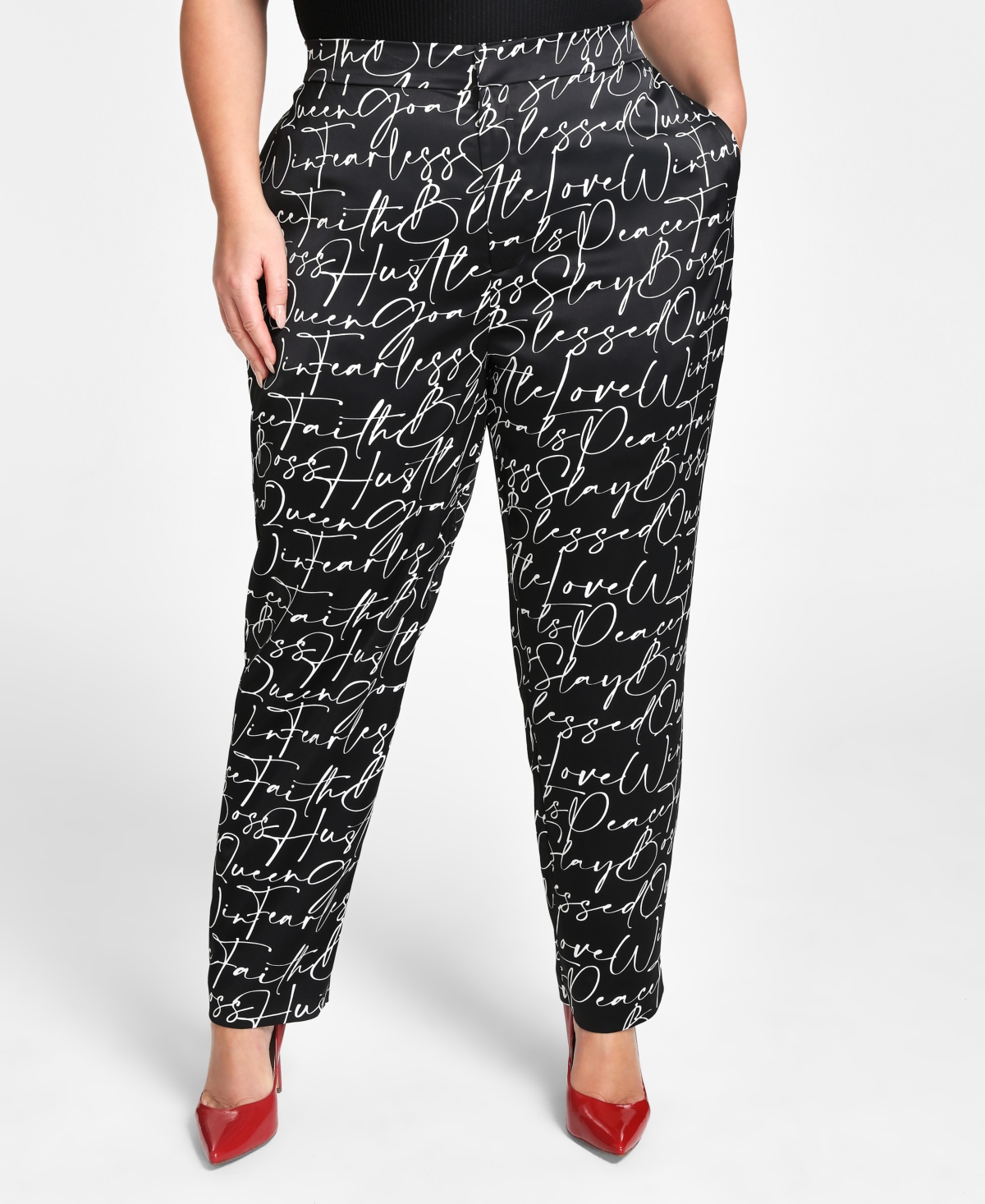 Trendy Plus Size Printed Fitted Pants - Black Script Print