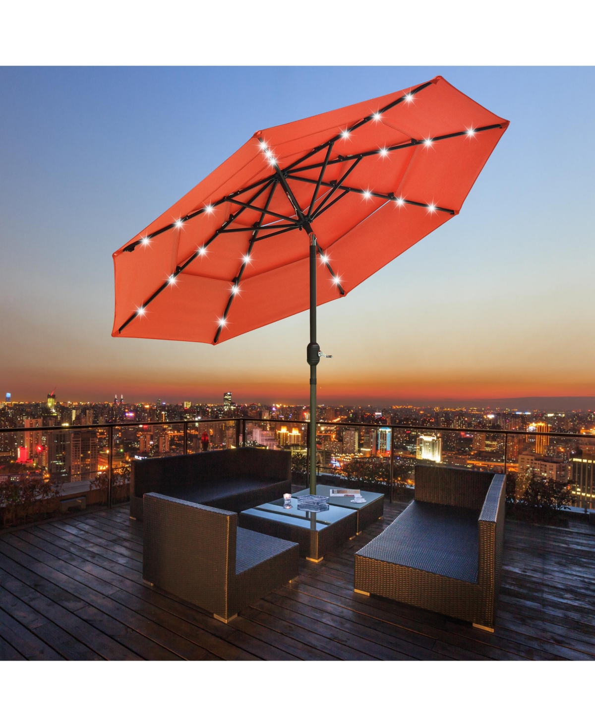 9 Ft 3 Tier Patio Umbrella with Solar Led Crank Tilt Button Aluminum Backyard - Orange