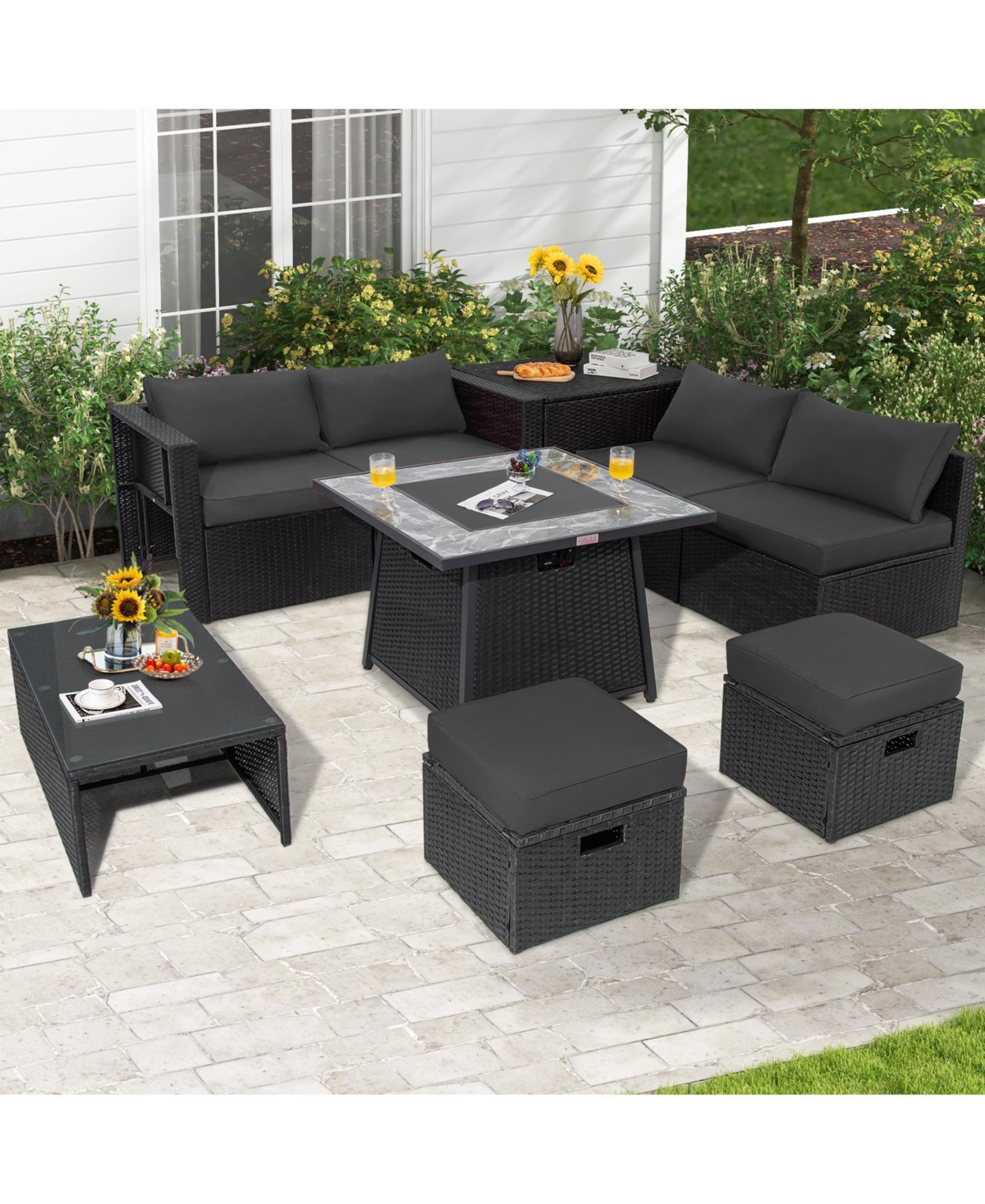 Slickblue 9 Pieces Outdoor Wicker Sectional with 35 Inch Gas Fire Pit Table