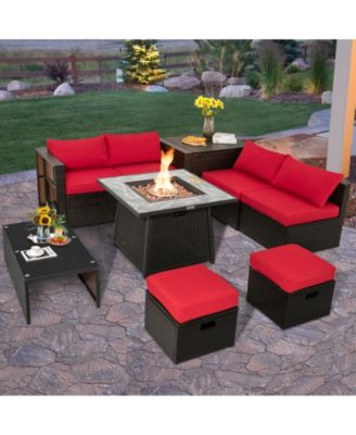 9 Pieces Patio PE Wicker Sectional Set with 50000 BTU Fire Pit Table