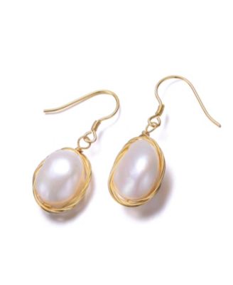Sterling Silver 14K Gold Plated with Genuine Freshwater Pearl Dangle Earrings