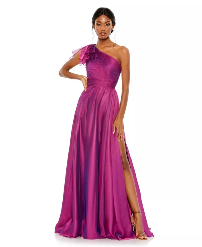 Women's Pleated One Shoulder Chiffon Gown - thumbnail 10