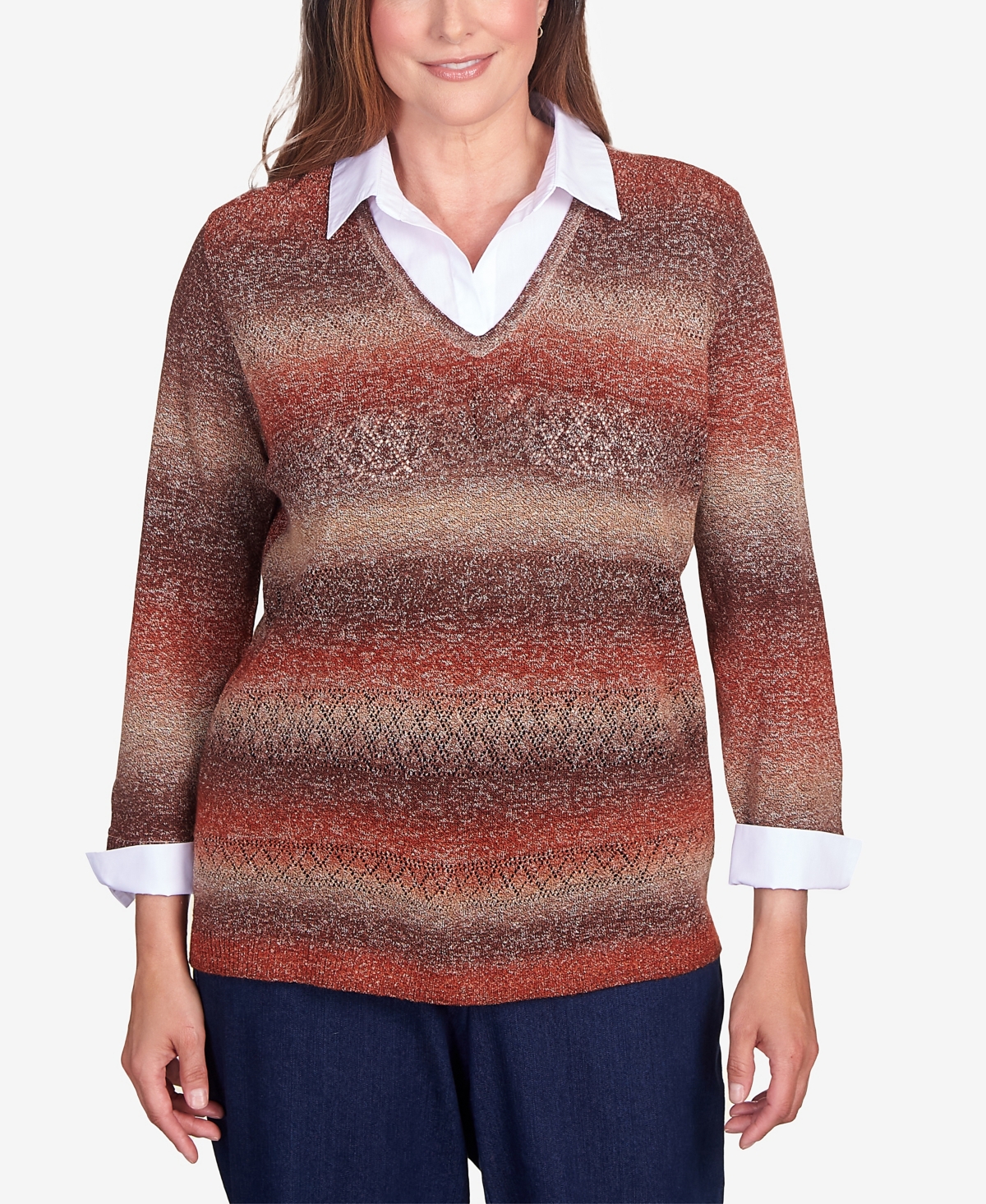 Petite Classic Space Dye with Woven Trim Layered Sweater - Brown, Rust