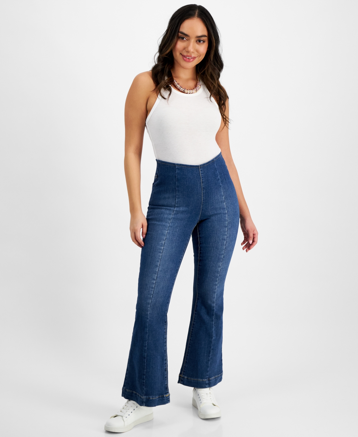 Shop Inc International Concepts Petite Seamed High-rise Flare-leg Denim Jeans, Created For Macy's In Medium Indigo