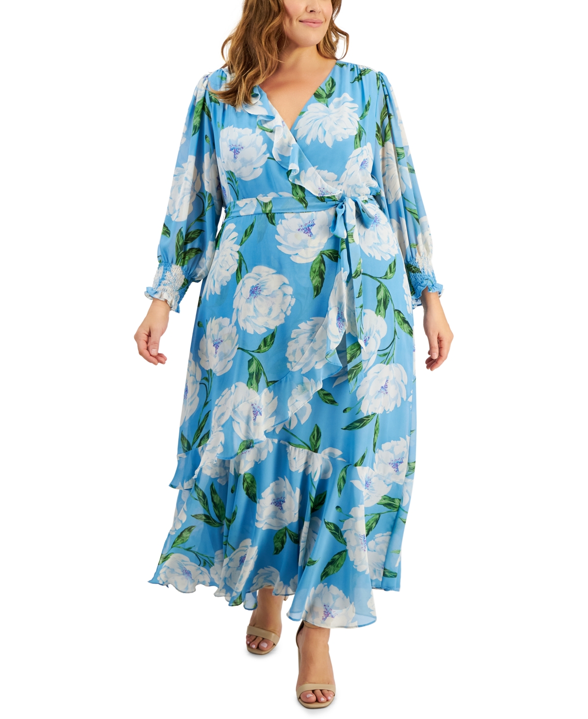 Plus Size V-Neck Long-Sleeve A-Line Maxi Dress - Sky Blue Lavender