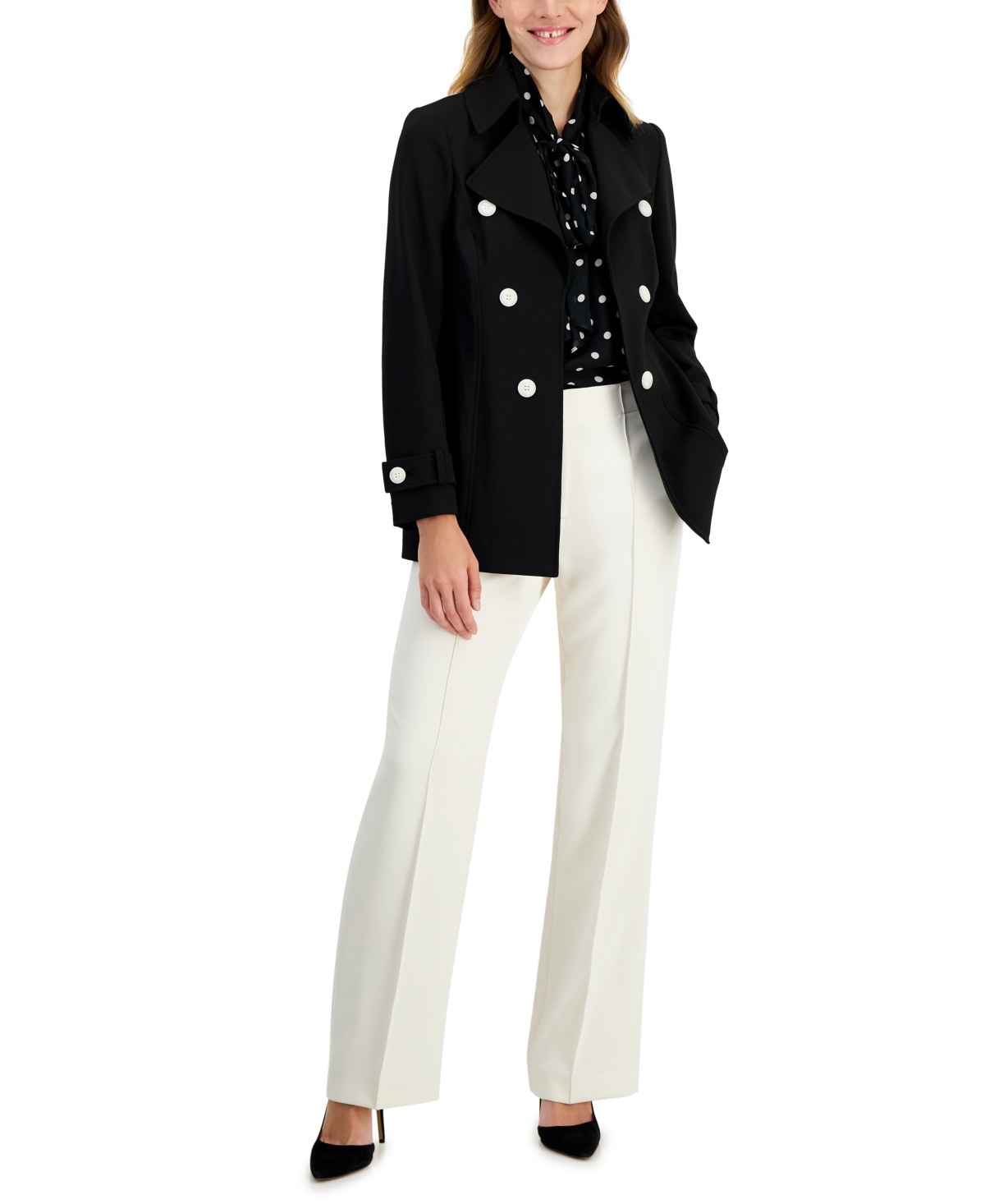 Shop Anne Klein Women's Faux Double-breasted Trench Coat, Created For Macy's In Anne Black