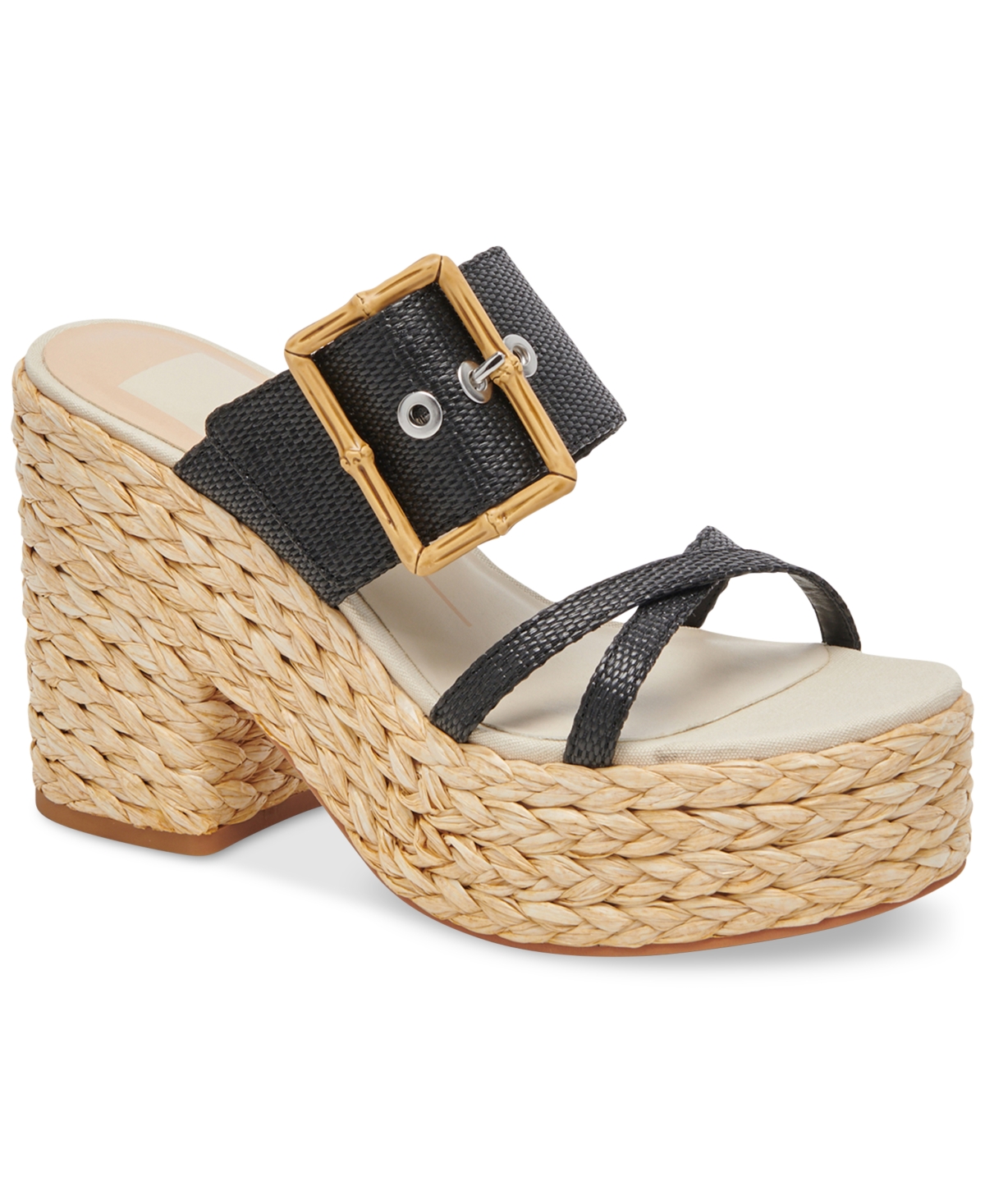 Shop Dolce Vita Women's Edwina Buckle Detailed Wedge Sandals In Onyx Raffia