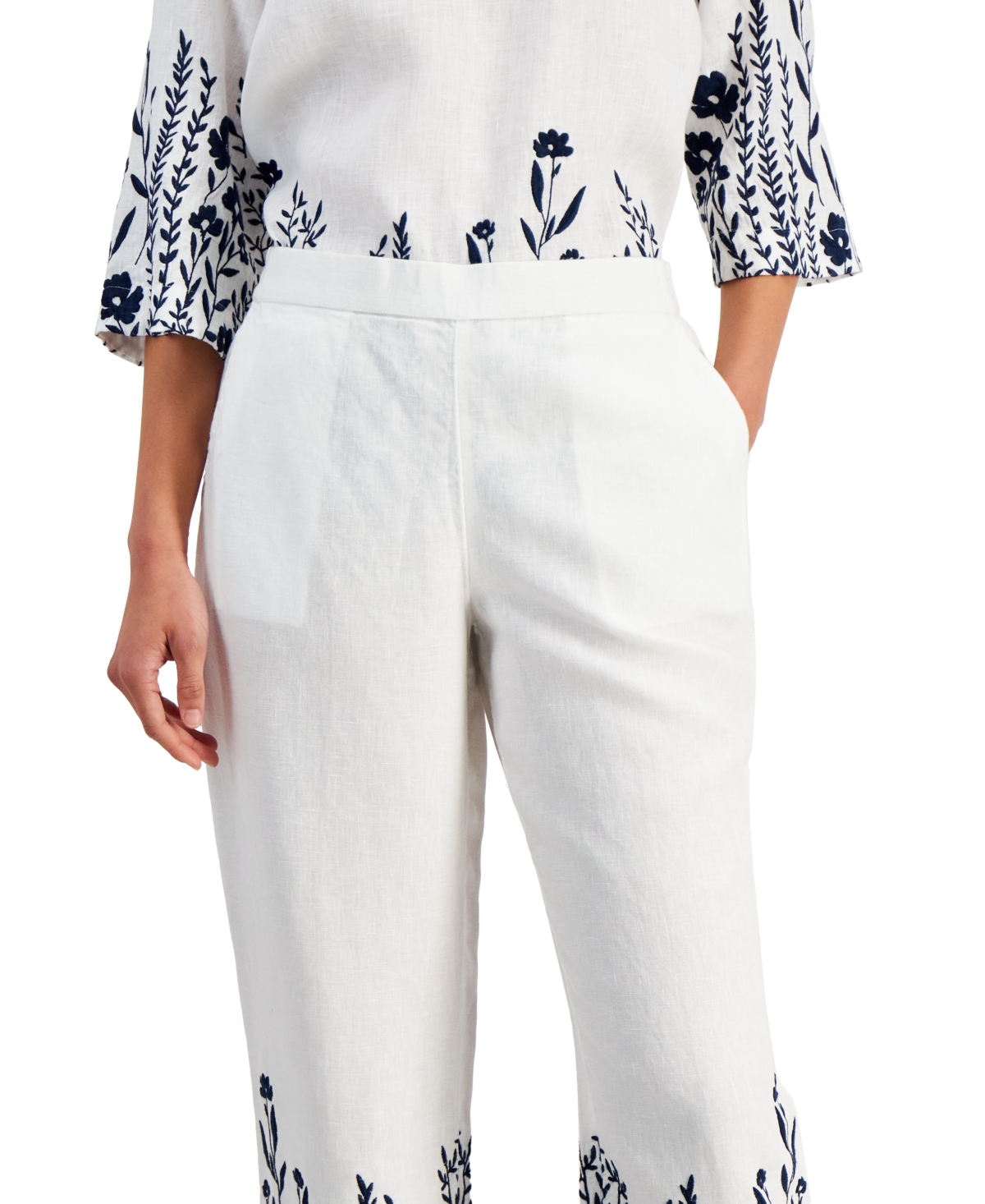 Shop Charter Club Women's 100% Linen Embroidered Cropped Pants, Created For Macy's In Bright White