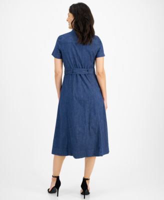 Anne Klein Women's Stretch Denim Belted Midi Shirt Dress
