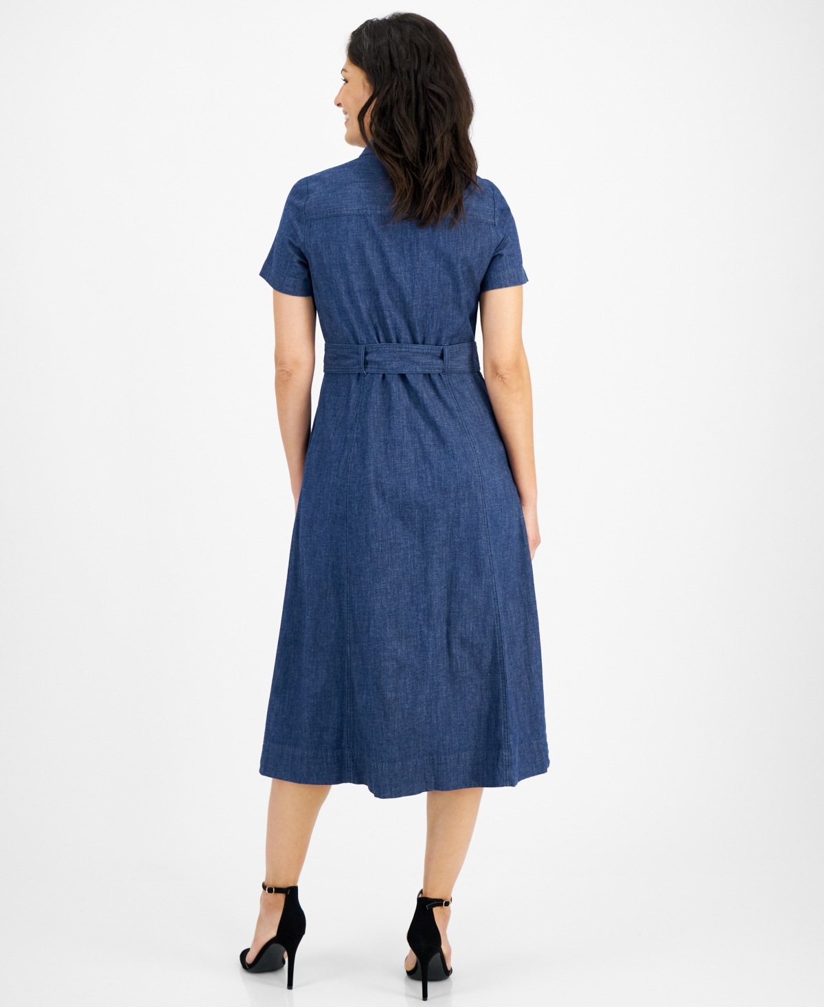 Shop Anne Klein Women's Stretch Denim Belted Midi Shirt Dress In Ak Wash