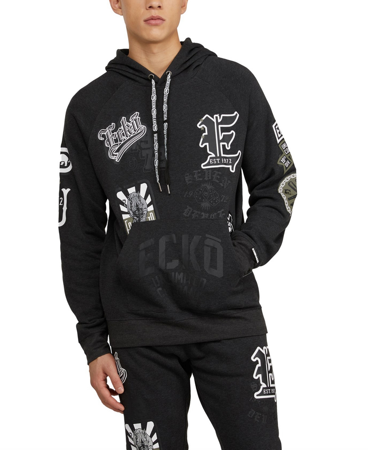 Ecko Unltd Men's Military-Inspired Patches Hoodie Charcoal