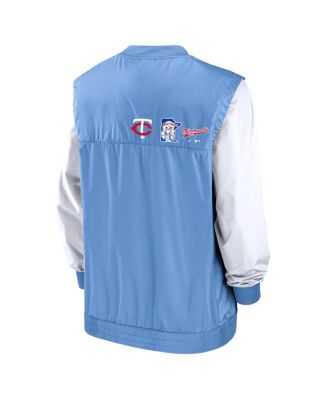 Men's White, Light Blue Minnesota Twins Rewind Warmup V-Neck Pullover Jacket