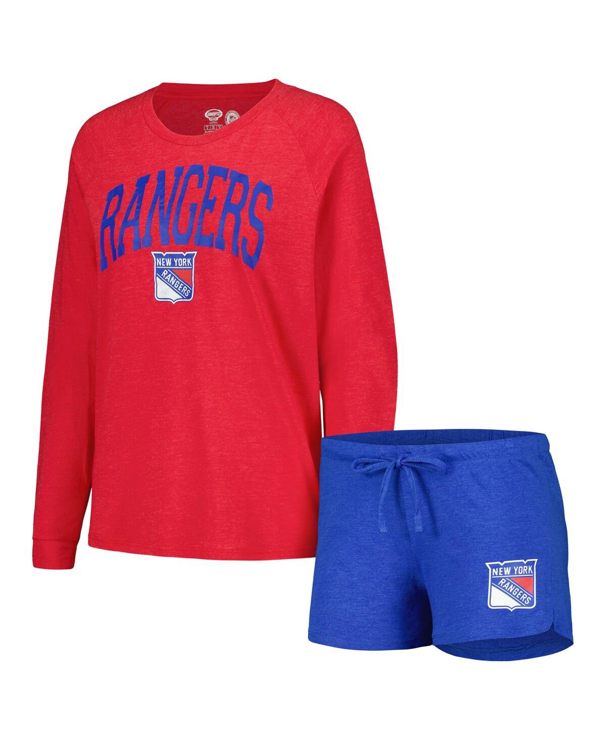 CONCEPTS SPORT WOMEN'S CONCEPTS SPORT BLUE, RED NEW YORK RANGERS METER KNIT LONG SLEEVE RAGLAN TOP AND SHORTS SLEEP