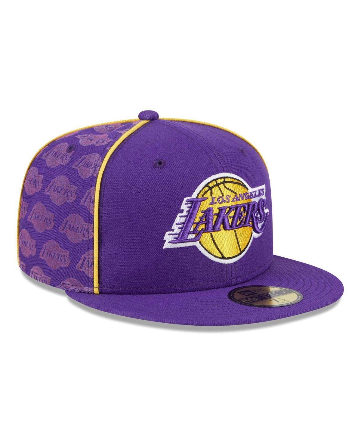 Shop New Era Men's  Purple Los Angeles Lakers Piped And Flocked 59fifty Fitted Hat