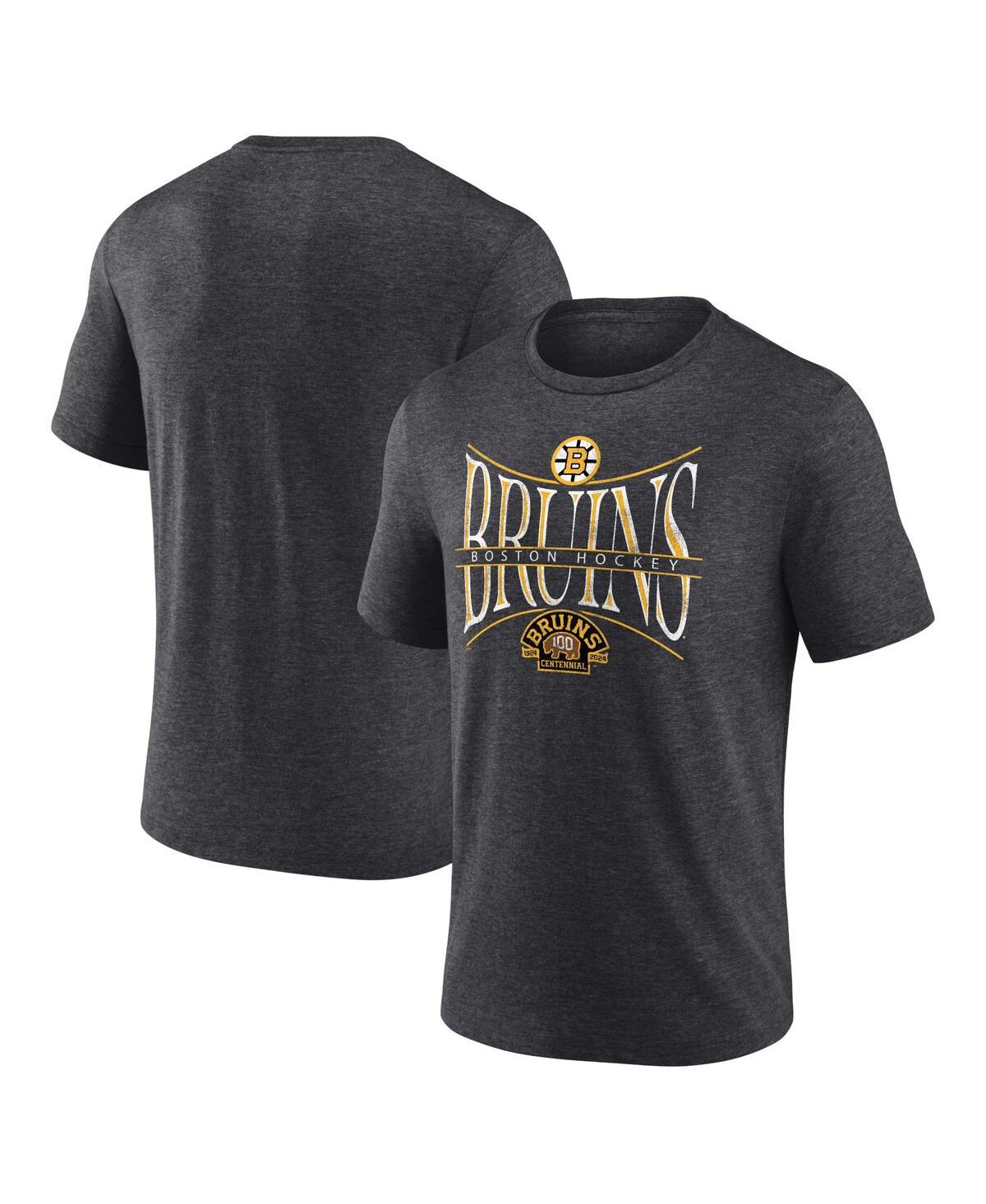 Shop Fanatics Men's  Heather Charcoal Distressed Boston Bruins Centennial Hockey Tri-blend T-shirt
