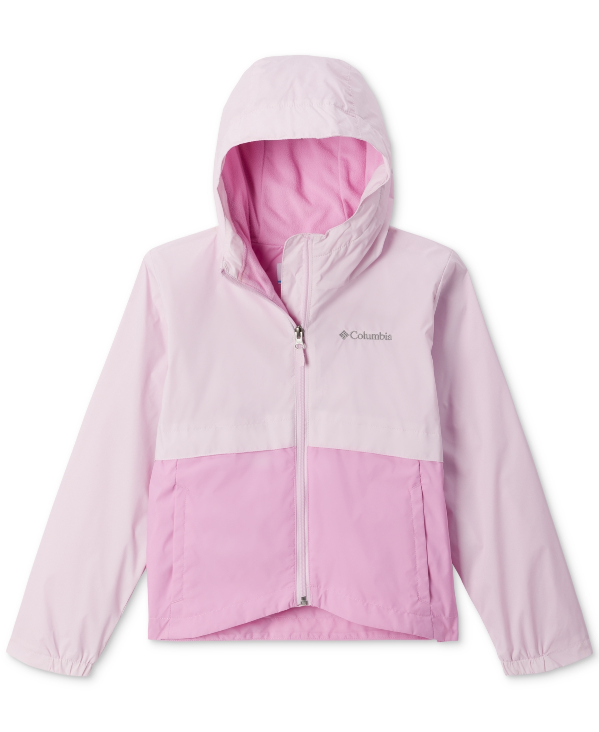 Shop Columbia Big Girls Rain-zilla Colorblocked Fleece-lined Full-zip Hooded Rain Jacket In Pink Dawn,cosmo