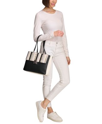 Clove Mixed Material Push-Lock Triple Compartment Tote Bag