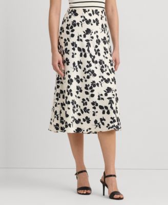 로렌 랄프로렌 Lauren Ralph Lauren Womens Printed Satin Midi Skirt,Cream/Black