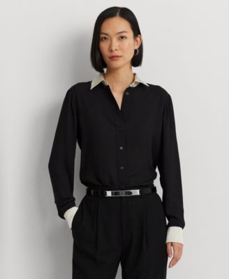 로렌 랄프로렌 Lauren Ralph Lauren Womens Two-Tone Long-Sleeve Shirt,Black/Mascarpone Cream