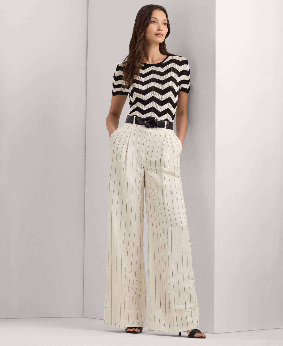 Shop Lauren Ralph Lauren Women's Striped Wide-leg Pants In Mascarpone Cream,black