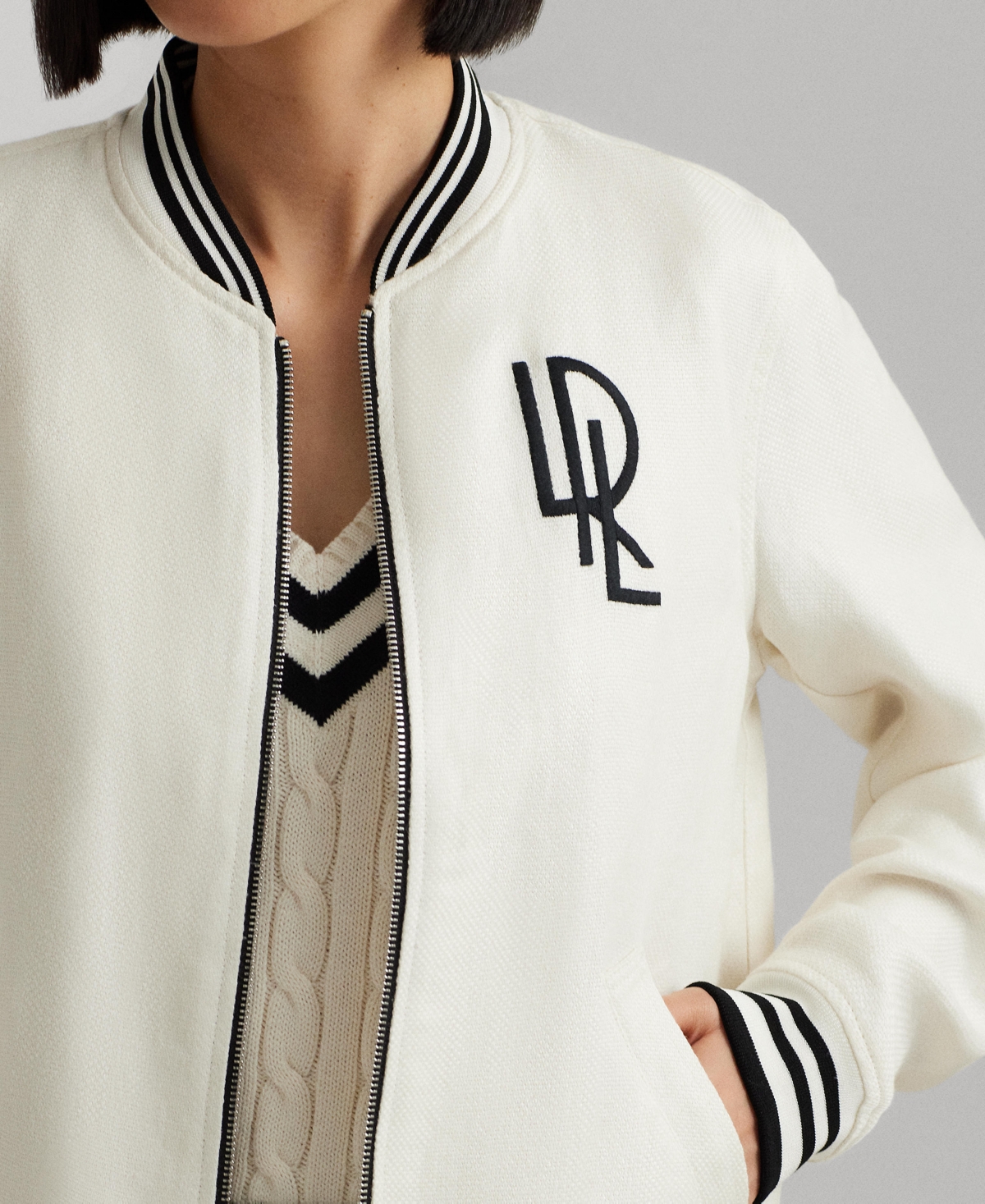 Shop Lauren Ralph Lauren Women's Ribbed-trim Bomber Jacket In Mascarpone Cream