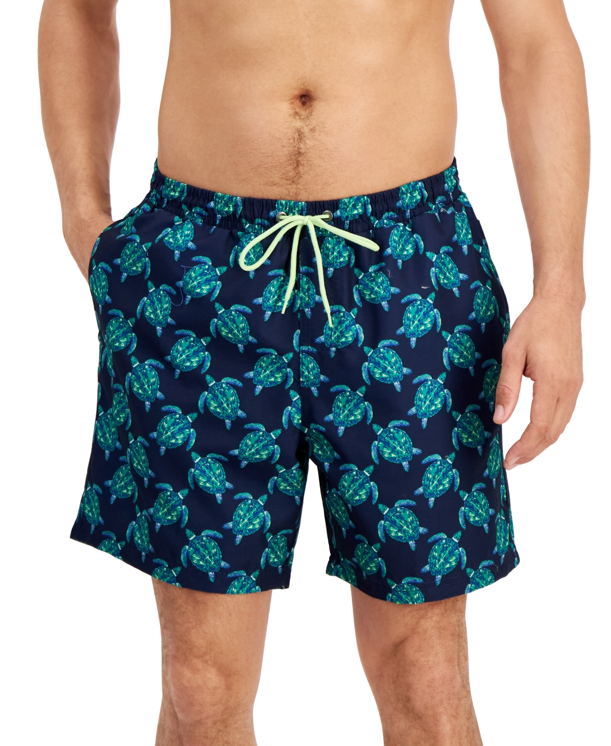 Shop Club Room Men's Turtle-print Quick-dry 7" Swim Trunks, Created For Macy's In Navy Blue