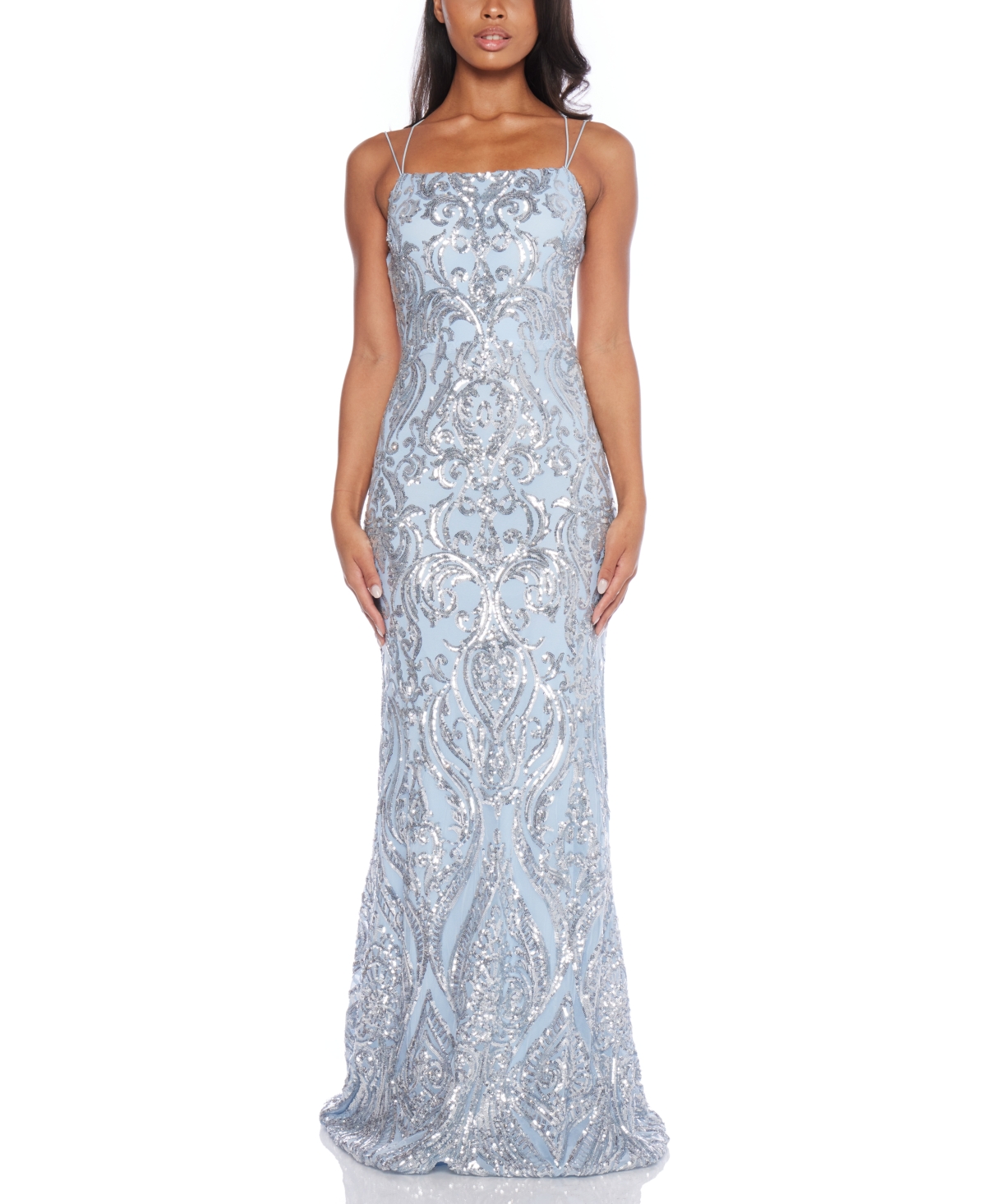 B Darlin Juniors' Sequined Open-back Gown In Light Blue,silver