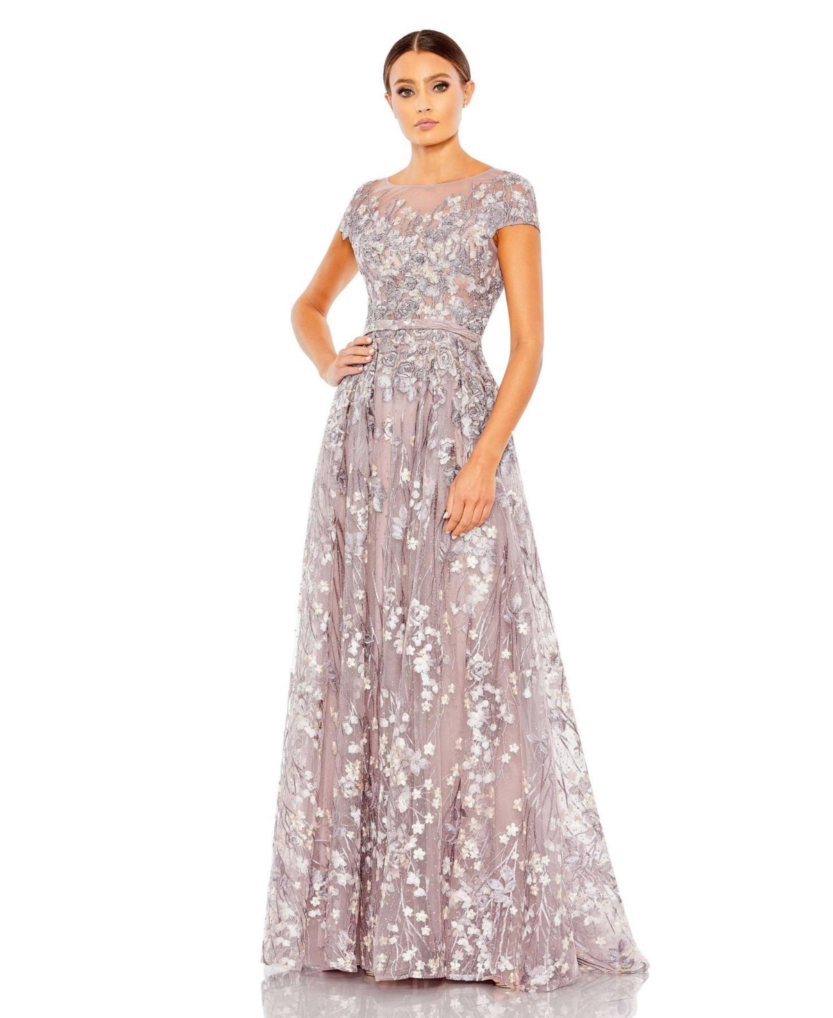 Women's Embellished Floral Cap Sleeve A Line Gown - Wisteria