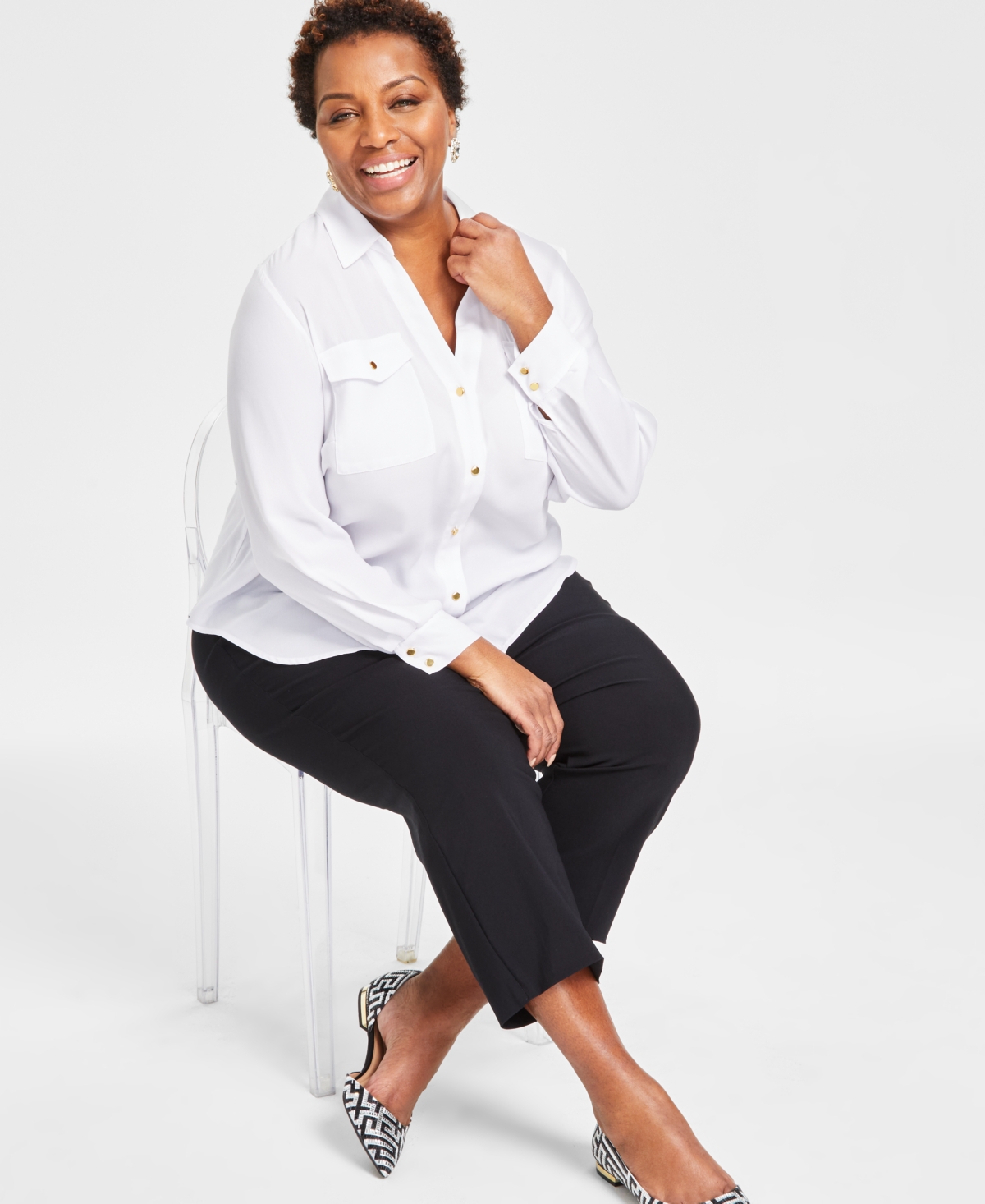 I.n.c. International Concepts Plus Size Collared Button Front Top, Created for Macy's