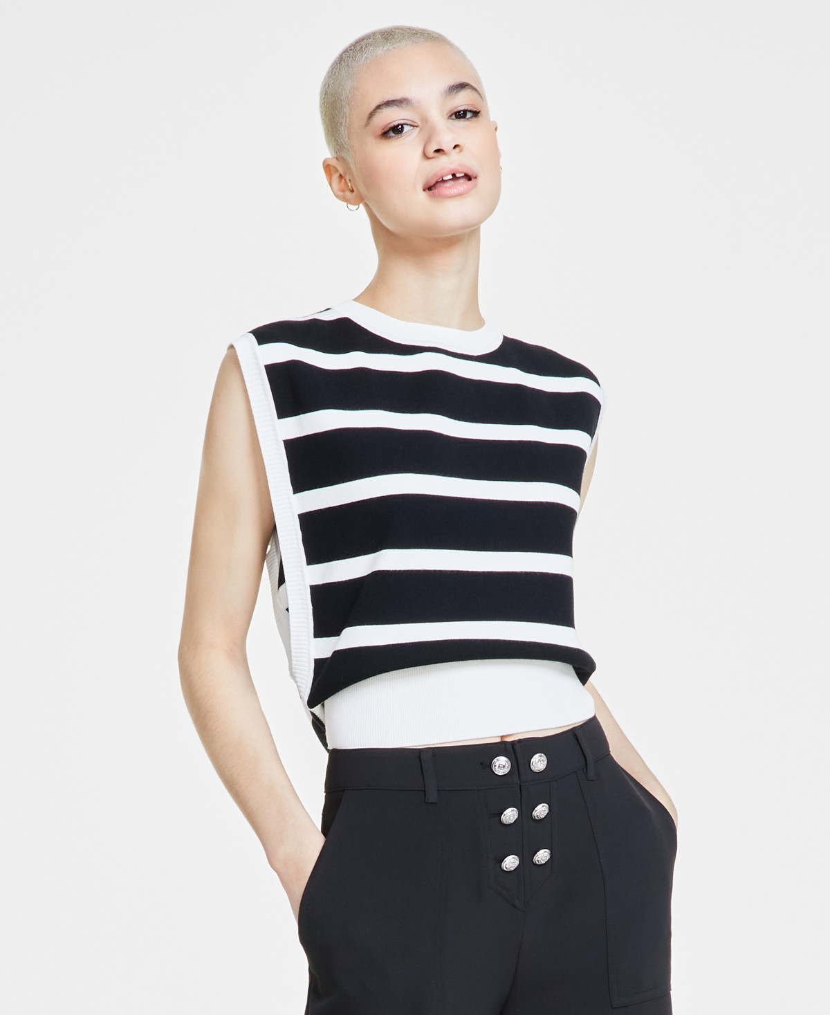 Karl Lagerfeld Women's Striped Sleeveless Sweater In Black/soft White