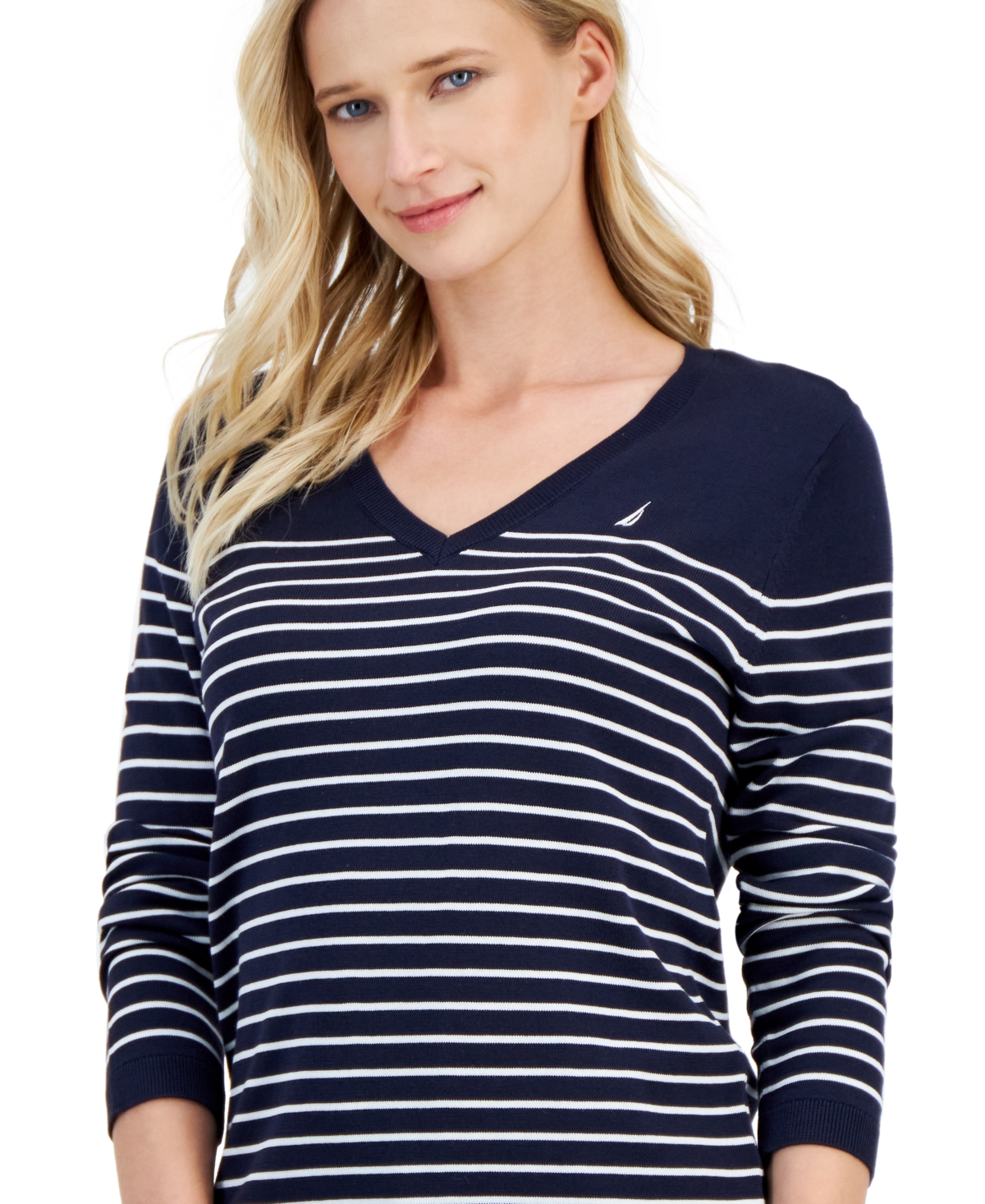 Shop Nautica Women's Sailor-stripe V-neck Sweater In Dark Blue
