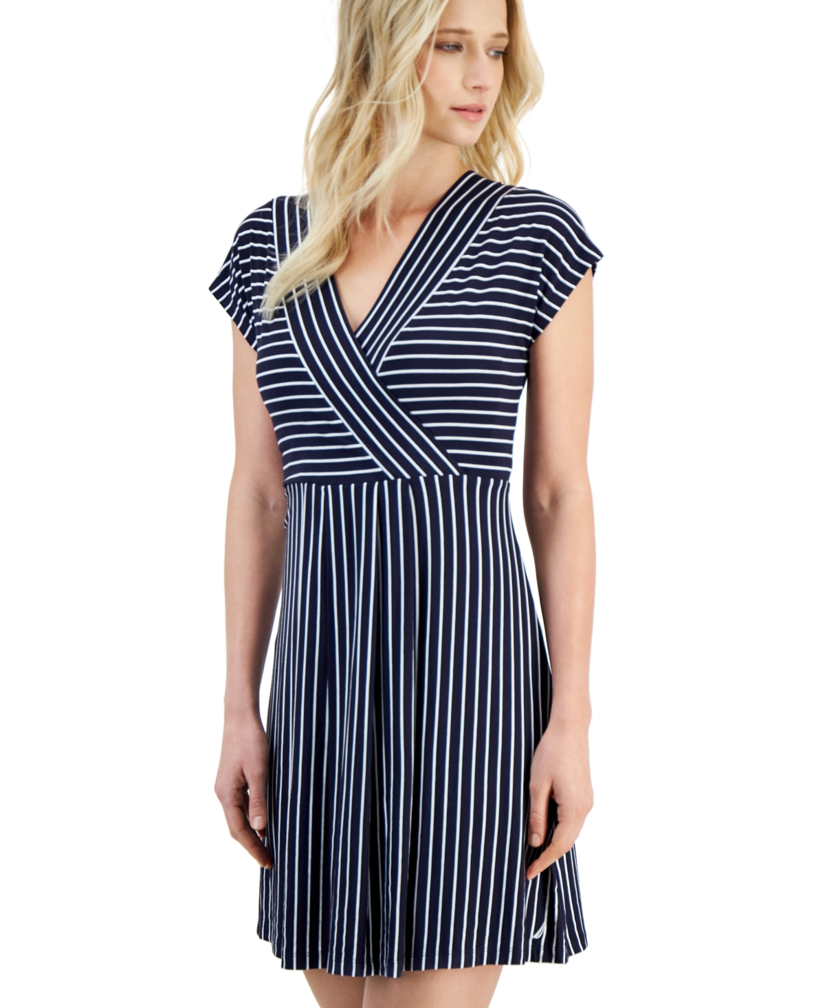 Shop Nautica Women's Striped Short-sleeve Surplice-neck Dress In Dark Blue