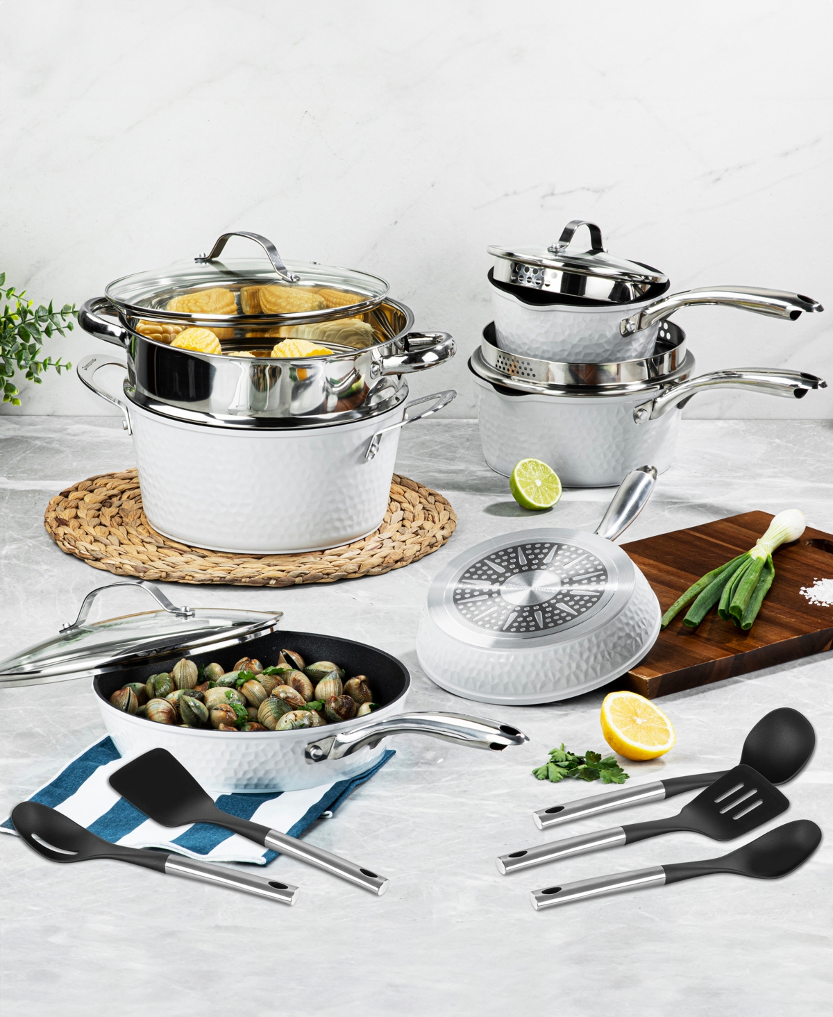 Granite Stone Diamond Charleston Collection Hammered Aluminum Nonstick 15-Piece Cookware Set with Utensils