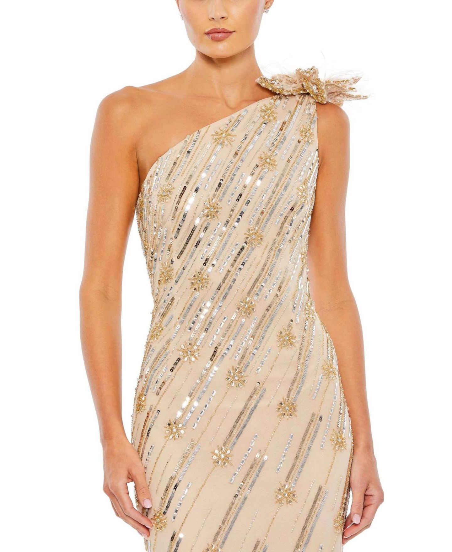 Женские платья Mac Duggal Embellished Floral Detail One Shoulder Gown, цвет: Телесный золотой — фото 2
