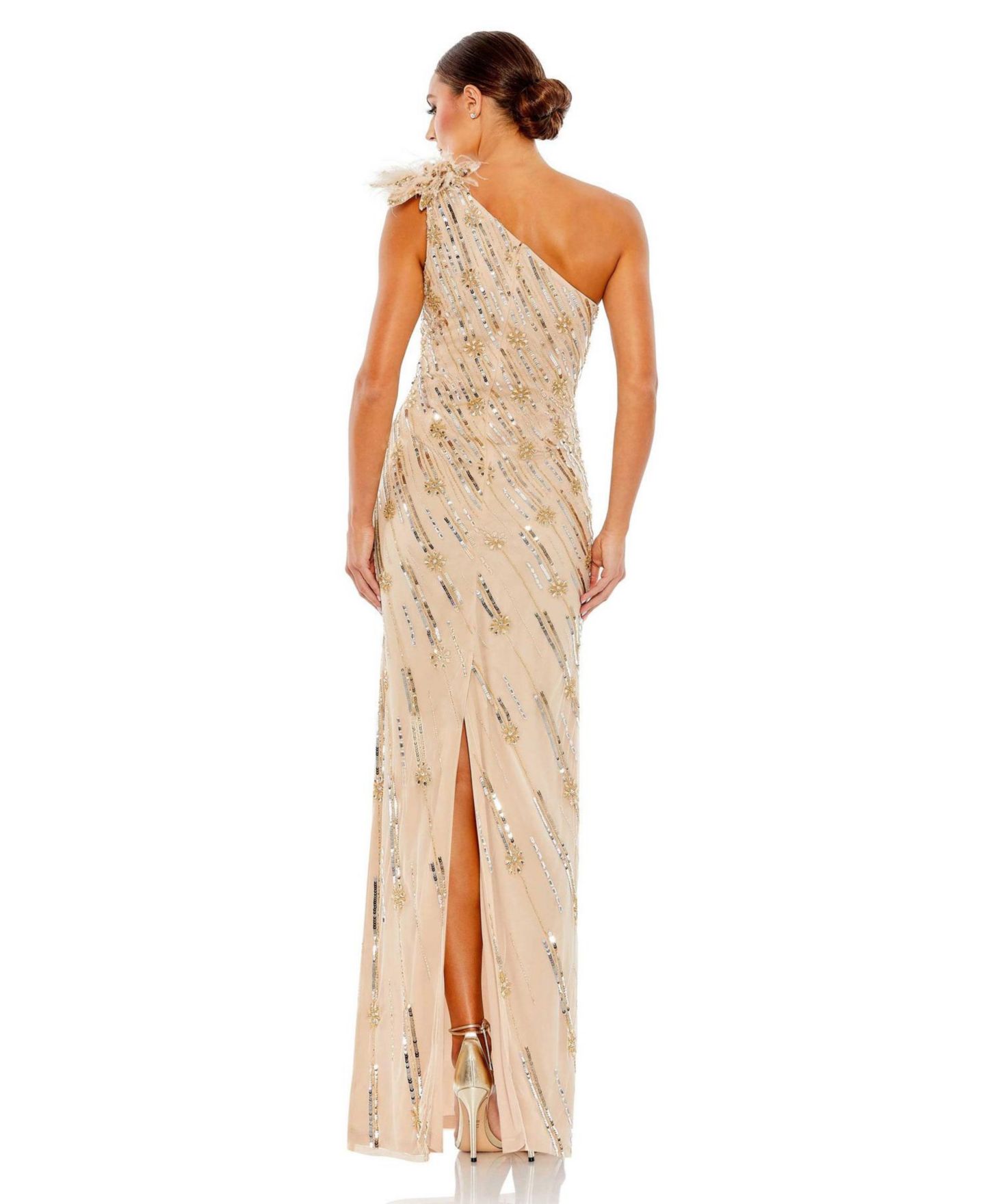 Женские платья Mac Duggal Embellished Floral Detail One Shoulder Gown, цвет: Телесный золотой — фото 3