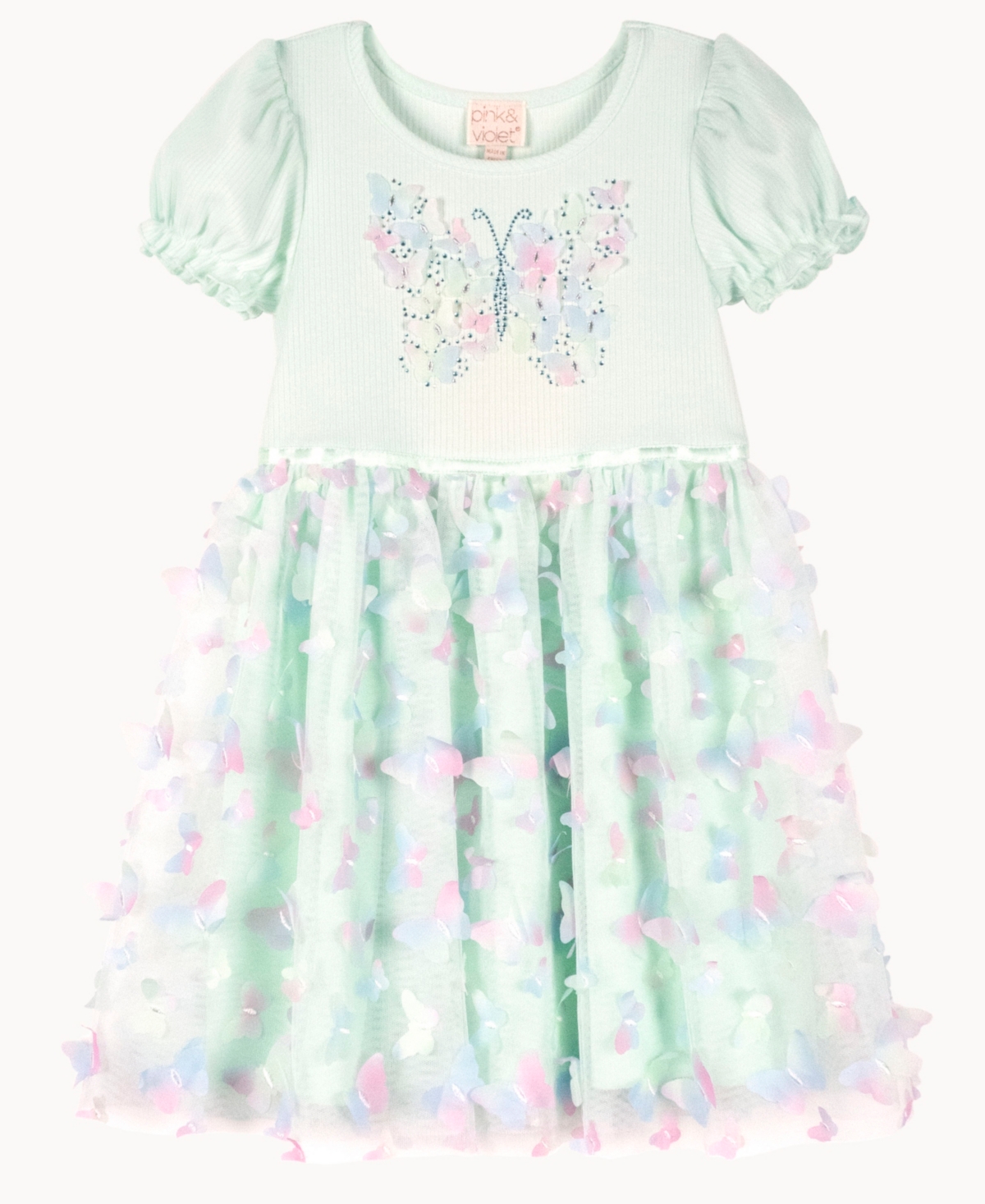Pink & Violet Kids' Little Girls Solid Rib Bubble Sleeve Bodice With Butterfly Glitter Screen And 3d Butterfly Skirt Dre In Mint,multi