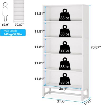 Tall Bookcase and Bookshelf, 70.8” Large Bookcases Organizer with 5-Tier Storage Shelves for Living Room, Bedroom, Office