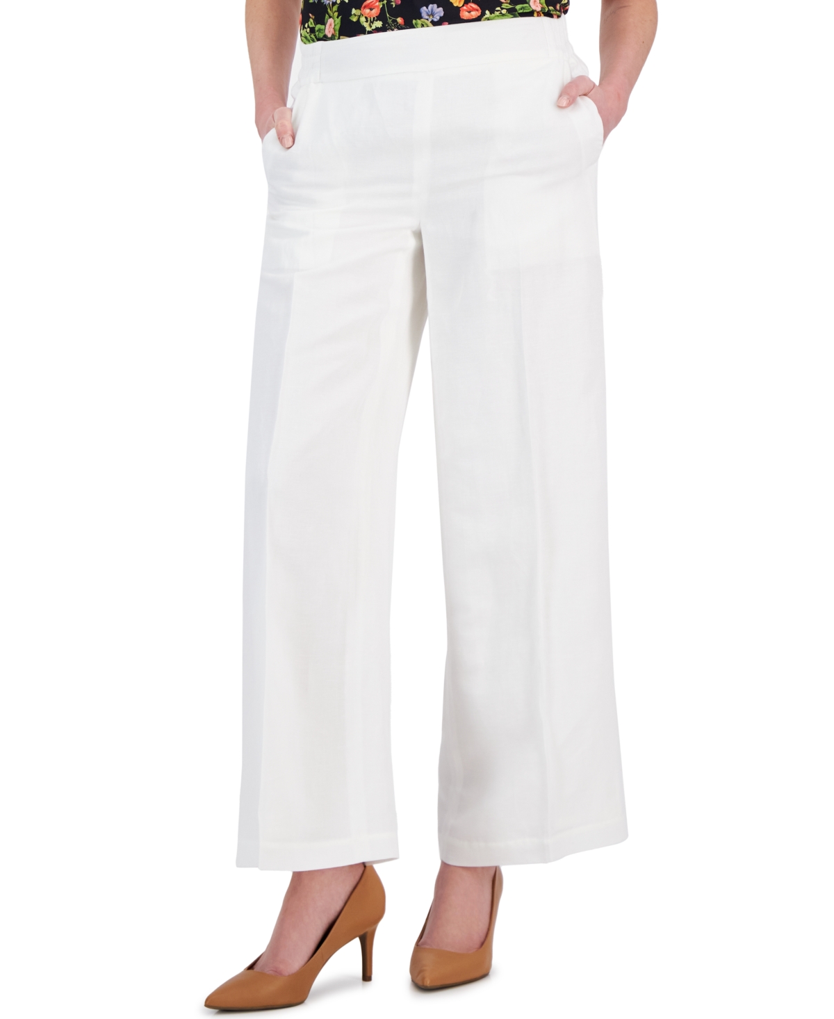 Shop T Tahari Women's Linen-blend Pull-on Wide-leg Pants In White Star