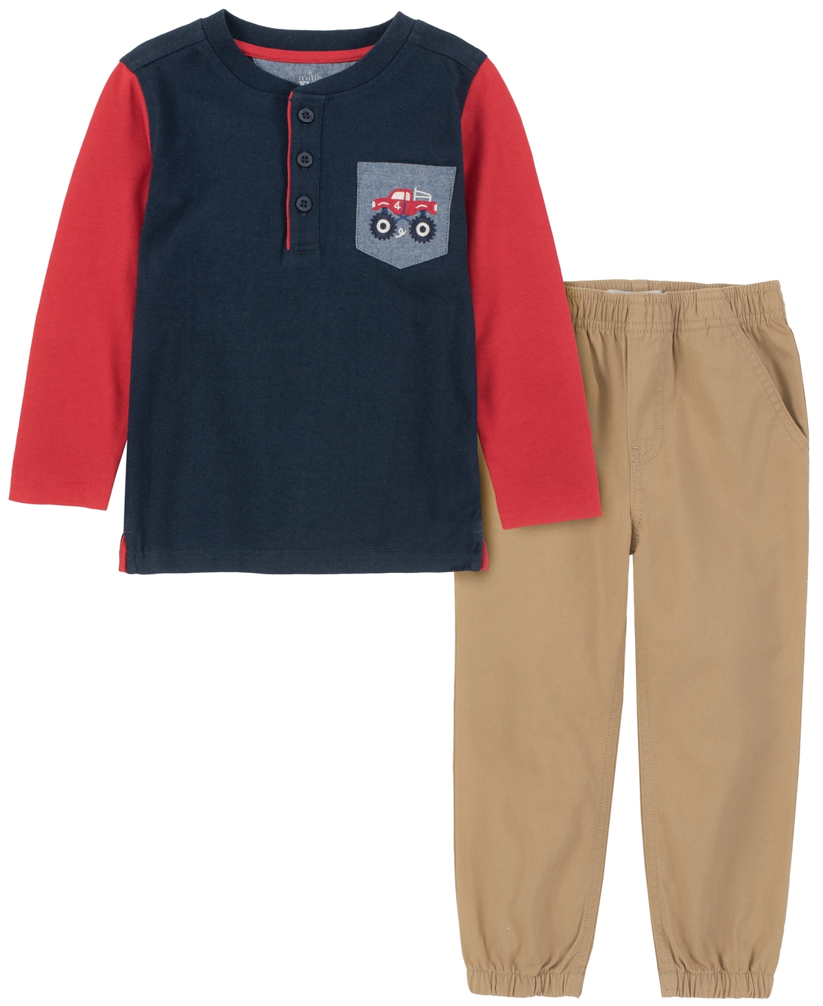 Kids Headquarters Kids' Little Boys Long Sleeve Colorblock Henley T-shirt And Twill Joggers, 2 Piece Set In Navy