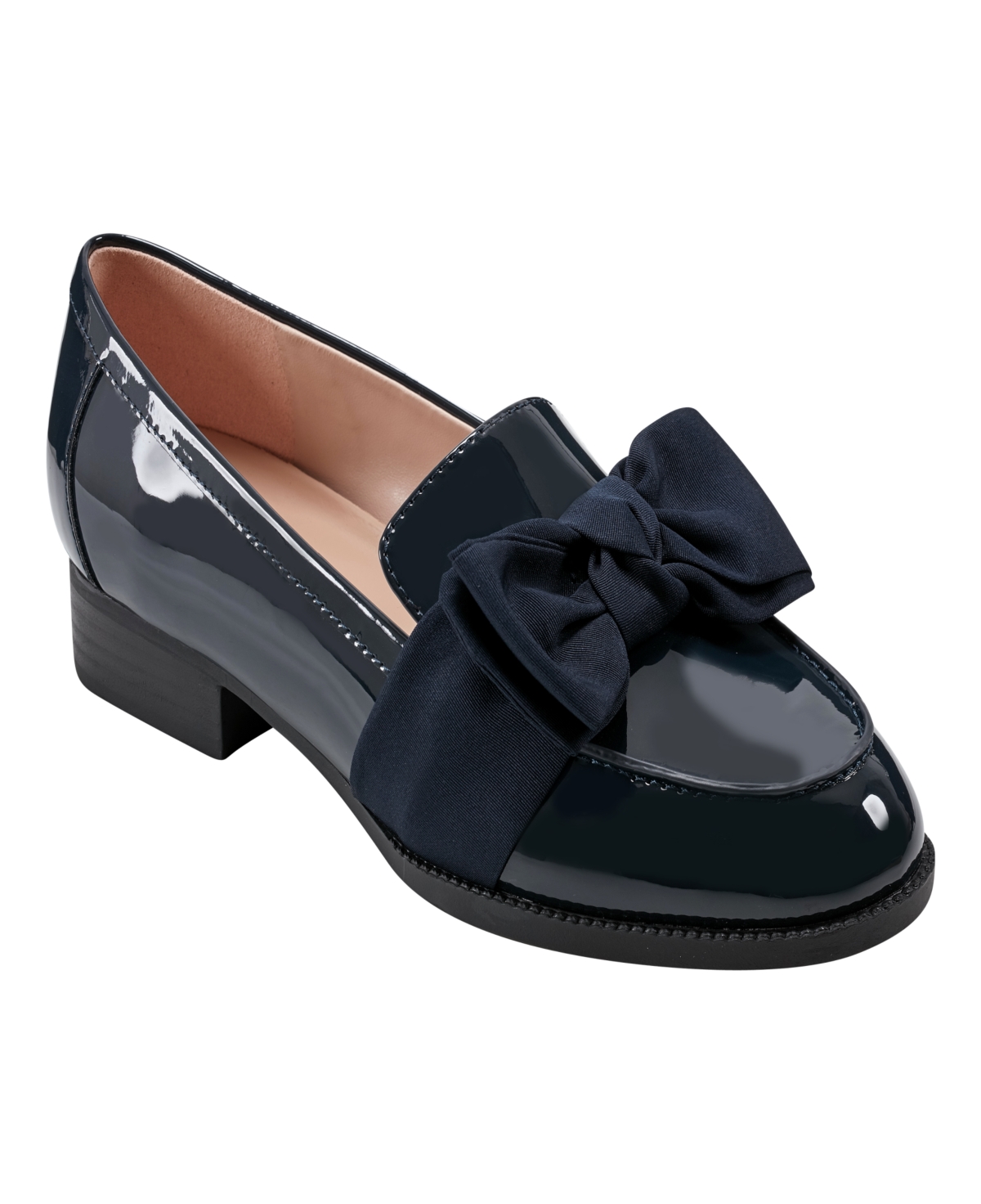 Women's Lindio Bow Detail Block Heel Slip On Loafers - Navy Patent - Faux Patent Leather, Texti