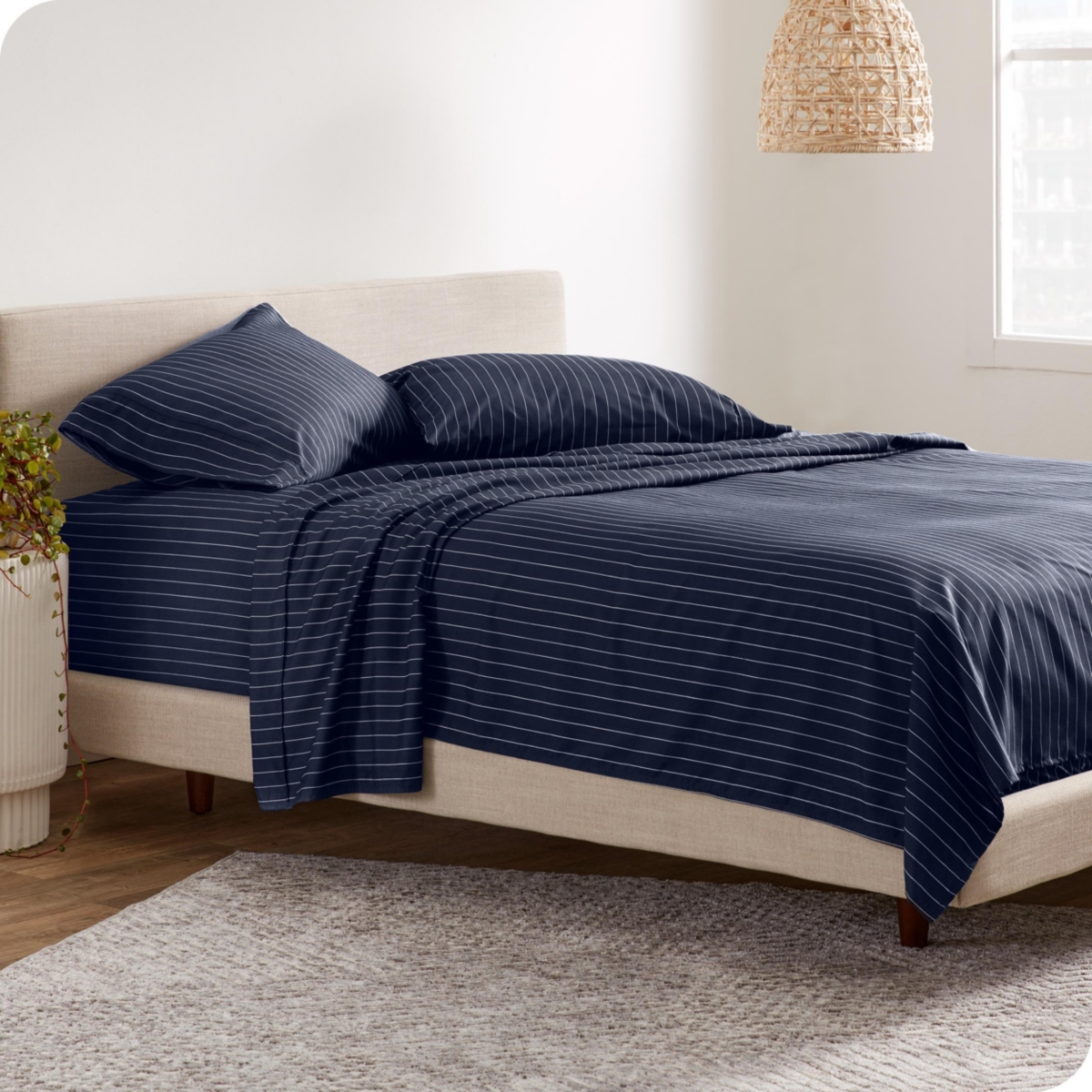 Bare Home Ultra-Soft Double Brushed Print Sheet Set - Pinstripe - midnight blue/white