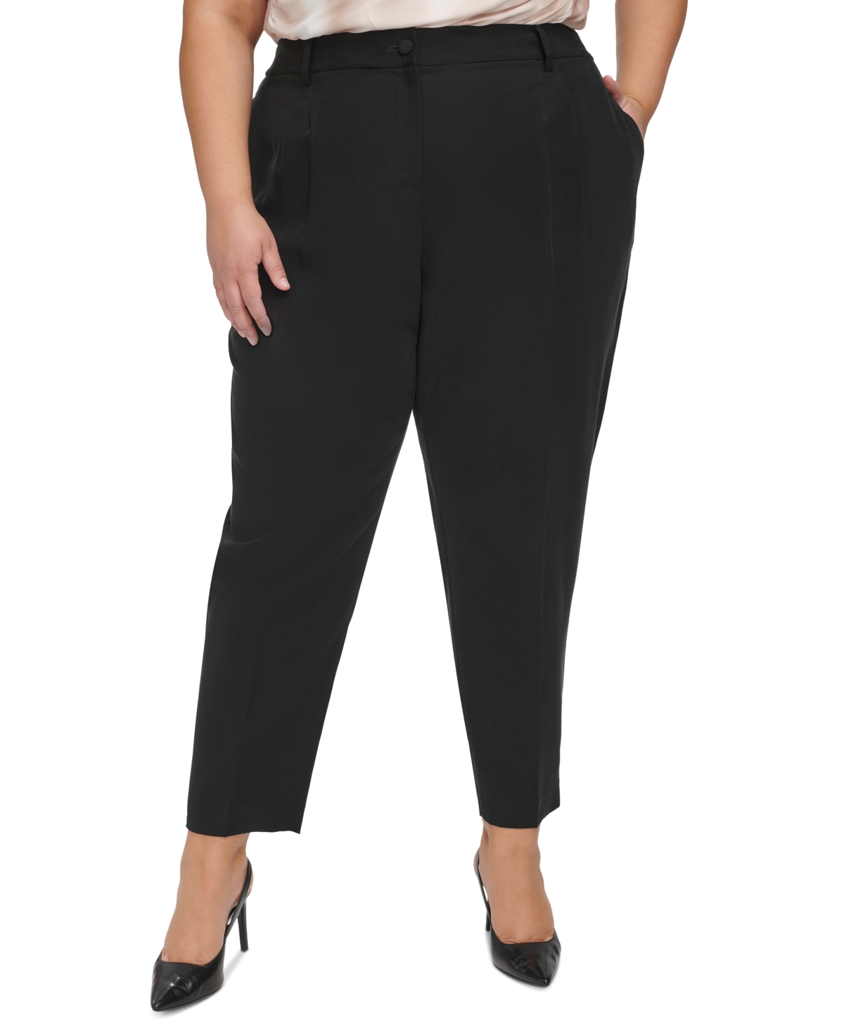 Shop Calvin Klein Plus Size Elastic-back High-rise Ankle Pants In Black