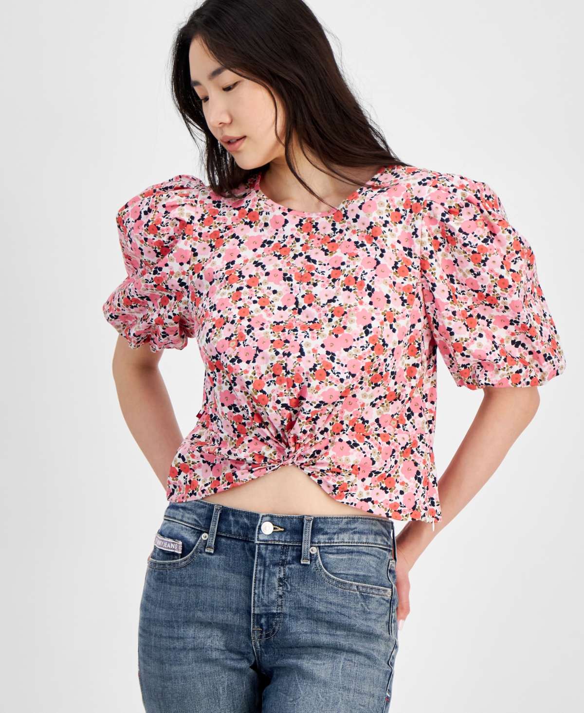 Tommy Hilfiger Women's Ditsy Floral Puff-sleeve Top In White